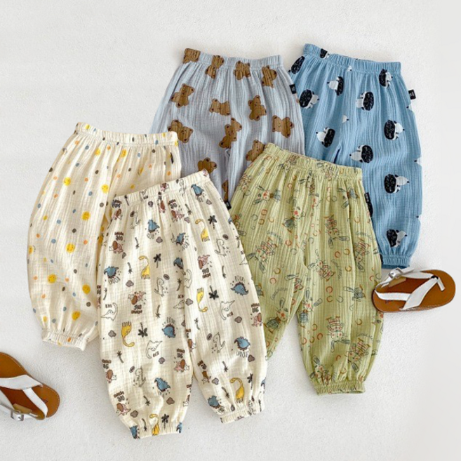 몽실이 썸머 프린트 거즈면 팬츠 여아 남아 토끼 강아지 베어 다이노 고쟁이 조거 바지 어린이집 등원룩
