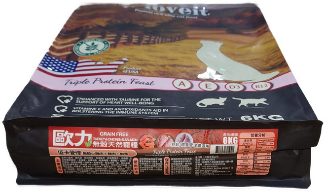 O'loveit 歐力 無榖天然寵糧 Triple Protein Feast 高蛋白貓糧 無穀天然, 6kg, 1包, 鮭魚, 雞肉, 鴨肉