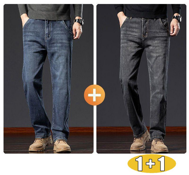 1+1 남성 사계절 청바지 편안한 일자핏 남자 데일리 캐주얼 스트레이트 데님 바지