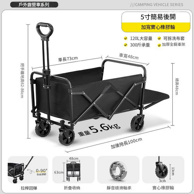 戶外露營拖車 4吋Mini款 可折疊, 簡易後開款 雙層布面 五寸 - 黑色, 1個