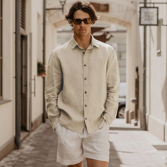 【老錢風清爽】亞麻襯衫 男士襯衫 長袖襯衫 休閒襯衫 商務襯衫 純亞麻面料 翻領設計 透氣親膚 春季度假 商務休閒兩穿