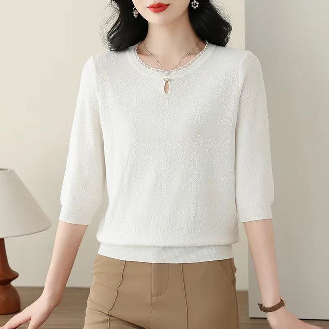 중년 여성 7부 소매 니트티 봄가을 우아한 라운드넥 니트 블라우스 엄마 루즈핏 상의 JS