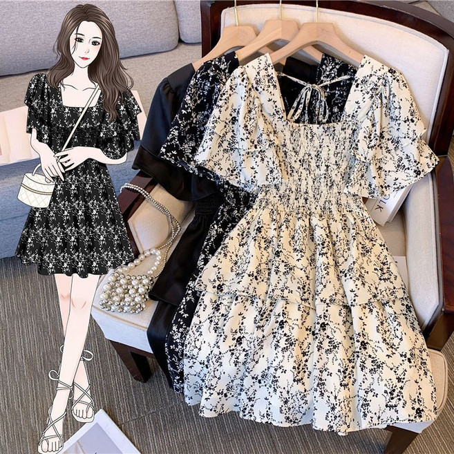 여성 여름 스퀘어넥 플라워 미니원피스 데일리 프릴소매 허리밴딩 쉬폰 반팔 원피스