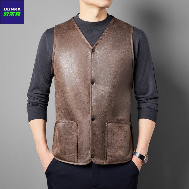 해피유통 남성 스웨이드 베스트 가죽 퍼 일체형 카고 조끼 jhlyt