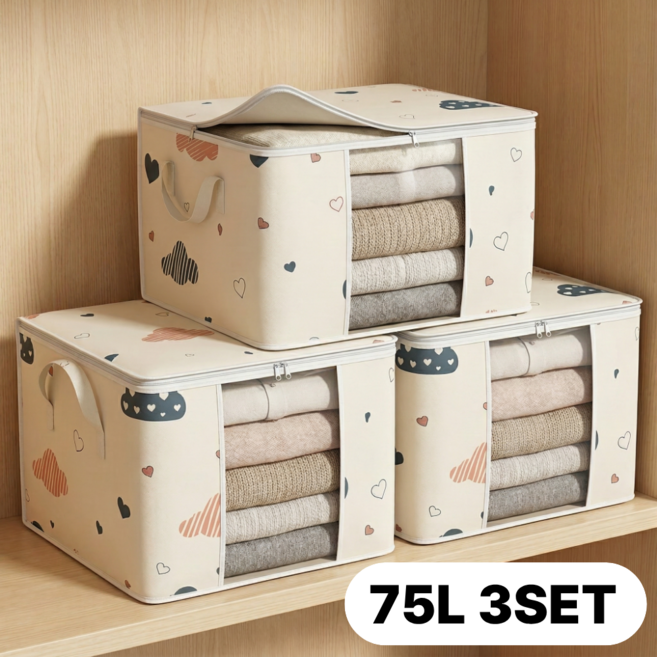 굿컨트리 투명창 패브릭 리빙박스 1+1+1 이불 계절 옷정리 보관함, 3개, 아이보리