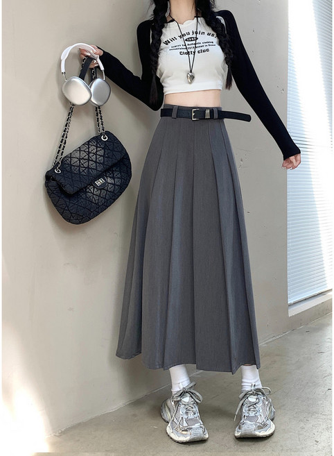 梨卡 高腰A字百褶長裙 附腰帶 韓版設計感半身裙 灰色 黑色