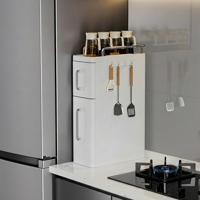 양념장 수납장 심플 바람 플라스틱 수납함 화이트 조미료 컵 정리 양념통선반 영양제보관함 다용도 슬라이딩 정리함, 1개, 흰색