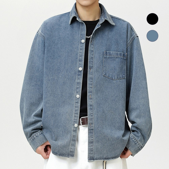HANYO 남성 생 데님 워싱 데일리 오버핏 캐주얼 긴팔 셔츠 청남방