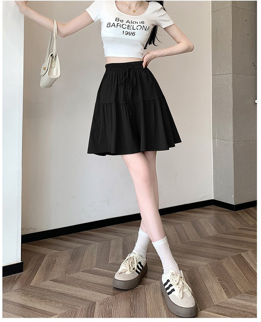 【Cavensi】褲裙 鬆緊腰抽繩五分褲 A字裙短褲裙