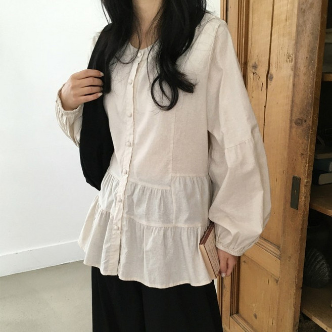 페트리코어 파이 라운드 퍼프 셔링 긴팔 블라우스