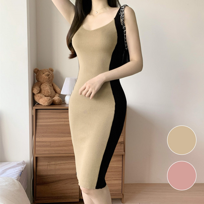 니트 민소매 미디원피스 옆라인 배색으로 슬림 착시효과 H라인 나시
