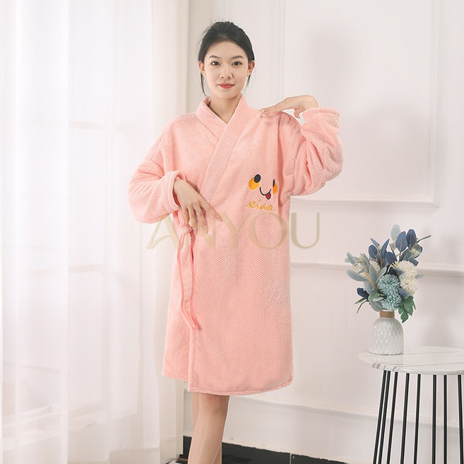 파인애플 체크 욕실 가운/욕실 치마 입을 수 있는 목욕 타월 부드럽고 흡수성 좋은 가정용 파자마 호텔 욕실 가운, 1개, 체리핑크