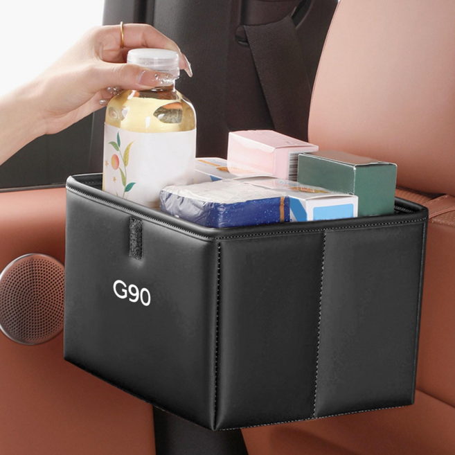 Kazama 차량용 다용도 수납함 자동차 쓰레기통 제네시스 호환 접이식 뒷좌석 고급 가죽 스낵 음료 휴대폰 정리 포켓 GV80 GV70 G80 G90 각인 F238-G, G90-black, 1개