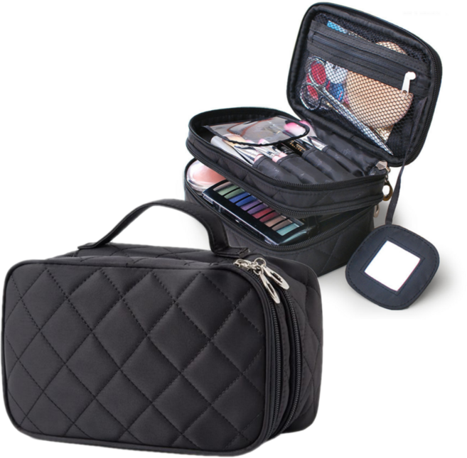 블랙 퀄팅 거울 키링 화장품 메이크업 대용량 2단 파우치 가방
