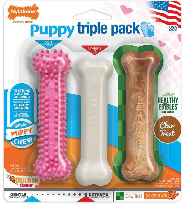 Nylabone Puppy Chew Variety Toy & Treat Triple Pac, 공룡닭소정규1개, 1개