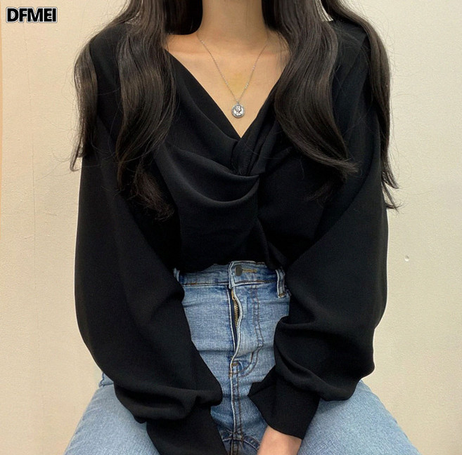 DFMEI 韓國chic秋季法式氣質褶皺V領扭結設計寬鬆休閒純色長袖襯衫上衣