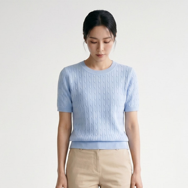퍼피 꽈배기 라운드넥 반팔 니트티 여성 여름시즌 케이블 스웨터 데일리 아이템