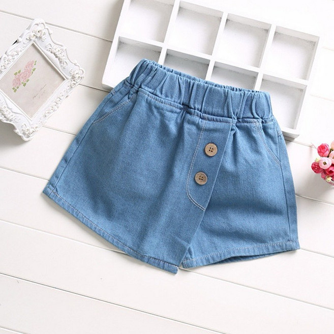 BabyBear 女童牛仔短褲裙 韓版兩顆鈕扣褲裙 舒適透氣 140碼