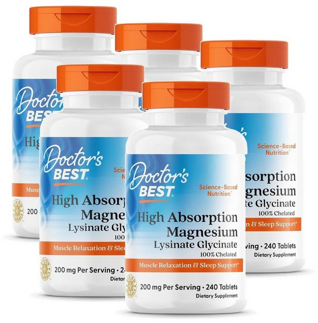 닥터스베스트 마그네슘 킬레이트 200mg Doctor's Best Magnesium Glycinate Lysinate Chelated, 240정, 5개