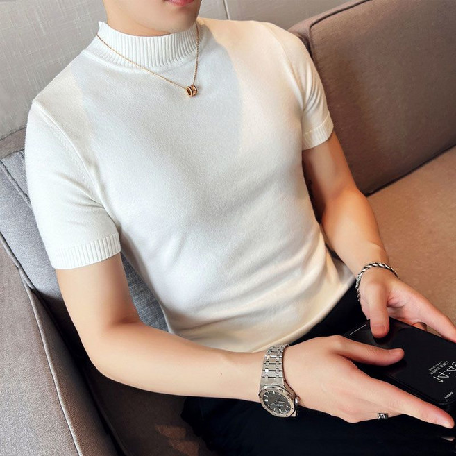 남성 니트 반팔 티셔츠 봄 여름 캐주얼 슬림핏 반폴라 반팔티 패션 트렌드 남자 이너 니트 상의 WMY