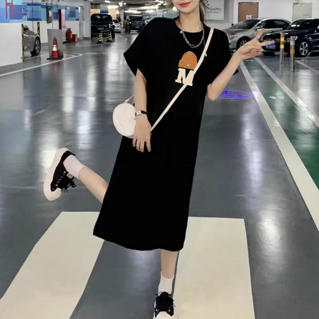 닷츠스타일 반팔 롱 트임 원피스 캐주얼 루즈핏