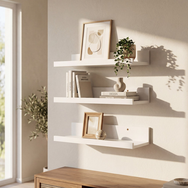 벽선반 인테리어 벽걸이 선반 원목 무지주 선반 타공 3개, 화이트, 1단