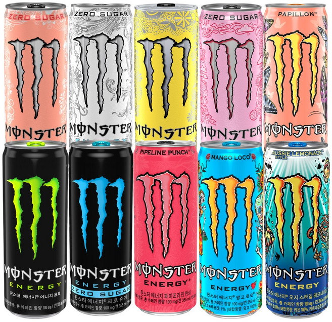 몬스터에너지드링크 10종세트 2개씩(그린+제로+파이프라인+망고로코+레모네이드+피치킨+울트라+시트라+스트로베리+파피용), 20개입, 355ml
