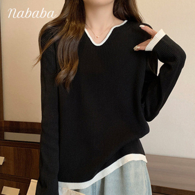 나바바 NK1926 여성 심플 데일리 브이넥 긴팔 니트