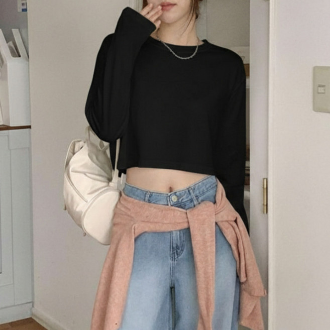 다미타니 국내제작 크롭 라운드넥 긴팔 면 티셔츠 OCZ0892