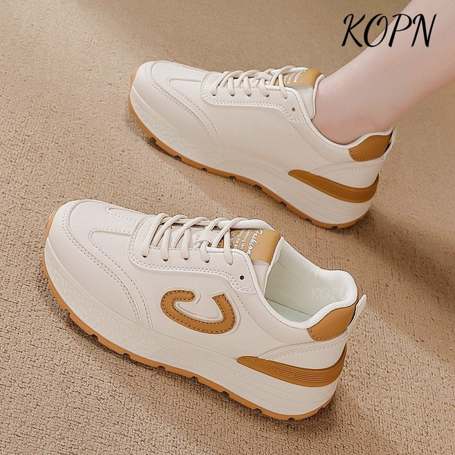 KOPN 봄 가죽 편안한 미끄럼 방지 아칸화 캐주얼 운동화 백합 러닝화 여자