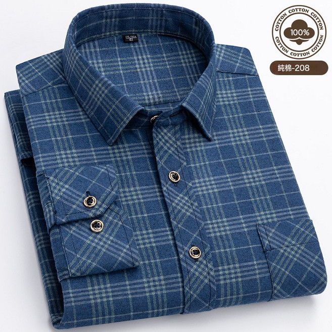 春秋新款男士寬鬆長袖襯衫中青年格子休閒免燙磨毛襯衣