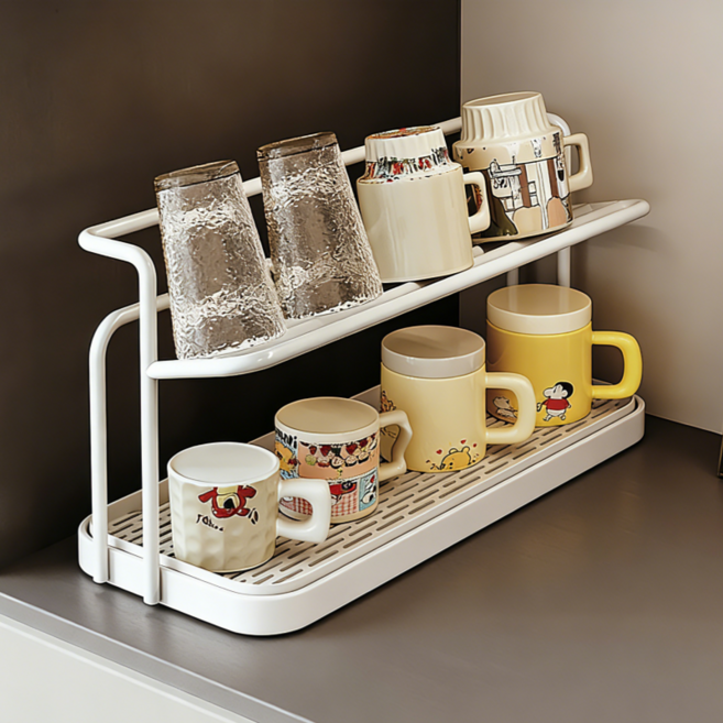 호밍사이 컵 선반 컵건조대 싱크대 물받이 트레이 주방용품 정리대, 1개, 화이트, 2단