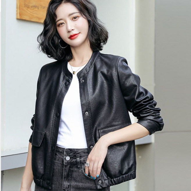 씨유언니 여성 춘추 PU 자켓 루즈핏 무지 라운드넥 버튼 캐주얼 숏 가죽 자켓 아우터 간절기