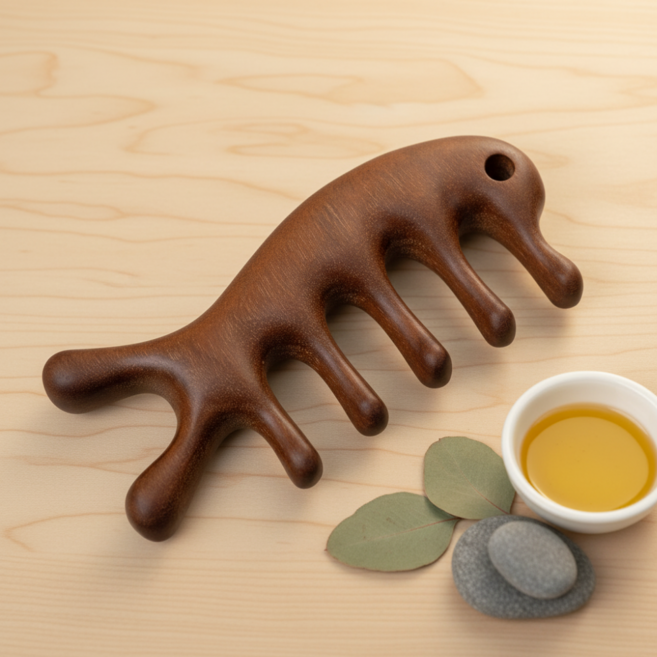 원목괄사 + 박달나무 원목 두피 목 어깨 관절 라운드 혈액순환 림프케어 승모근 바디 마사지기 고급형, 1개, 딥브라운