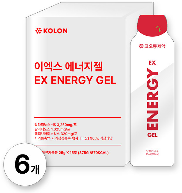 코오롱제약 이엑스 에너지젤 마라톤 파워젤 퍼펙트 엑티브 자전거파워젤 운동 하이브리드 에너지 사과맛 아미노산 스포츠 보충젤, 6개, 15회분