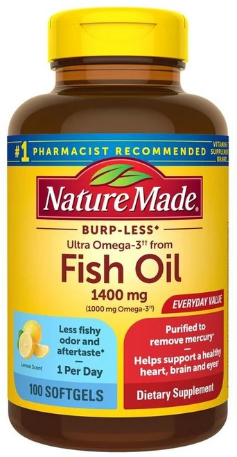 네이처 메이드 오메가3 피쉬오일 1400mg 버프리스 소프트젤 Nature Made Fish Oil Burp-Less Softgels, 1개, 100정 - 쿠팡