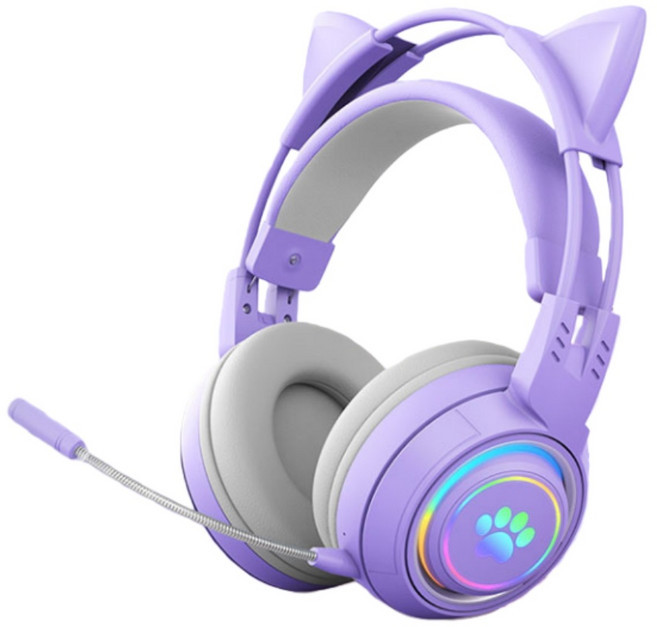 GATETOCN LED 라이트닝 마이크 분리형 블루투스 게이밍 고양이헤드폰, 보라