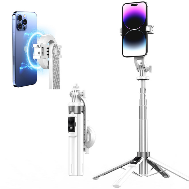 스피덱스 강력 마그네틱 맥세이프 삼각대 휴대폰 셀카봉 무선 블루투스 충전 리모컨 원터치 펼침 4각 지지대 자석 부착 및 클립 겸용, 1개 P135 화이트, 1개
