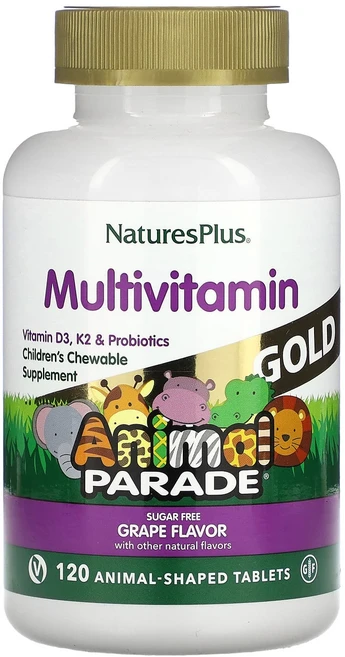 NaturesPlus Source of Life Animal Parade 골드 어린이용 츄어블 종합 비타민 및 미네랄 보충제 천연 포도향 동물 모양 정제 120정 - 쿠팡