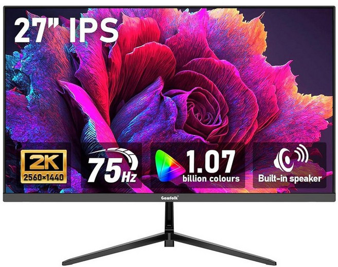Gawfolk 27인치 IPS 2K QHD (2560x1440) 컴퓨터 모니터 75Hz 게이밍 PC 스크린 1m 적응형 동기화 100% sRGB 100억 700억 색상, 27 inch, QHD2K 75Hz