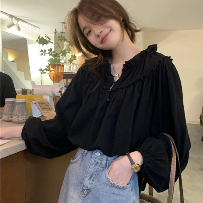 제이로그 프릴 퍼프 버튼 블라우스 셔츠 소이버튼BL