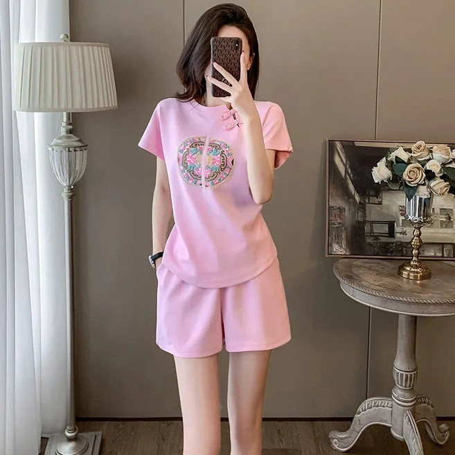 Ashysnow 캐주얼 트레이닝 세트 여성 여름 편안한 순면 에스닉 프린트 반팔 티 상의 반바지 투피스