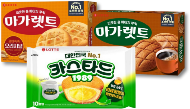 롯데 카스타드 230g 1개 마가렛트 오리지널 352g 1개 마가렛트 구운모카 352g 1개 (총3개), 1세트, 934g