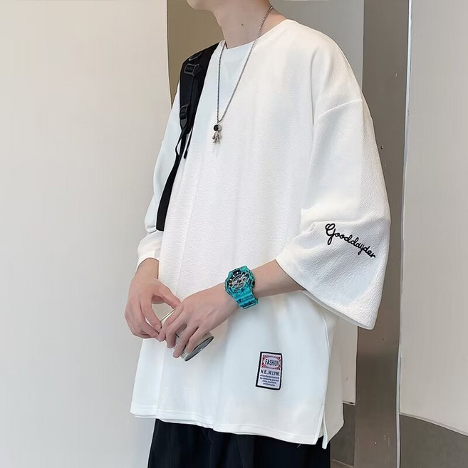 七分袖T恤男【M-5XL】韓版日系短袖上衣夏季新款t恤男女 半袖 五分袖 學院風短袖t恤 男生短袖 印花t恤 情侶t恤