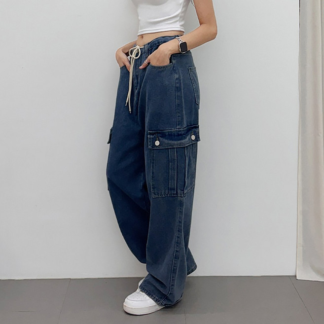 블레스유 여성용 허리끈조절 와이드핏 카고 데님팬츠 캐주얼 주머니 포켓 청바지 기모안감