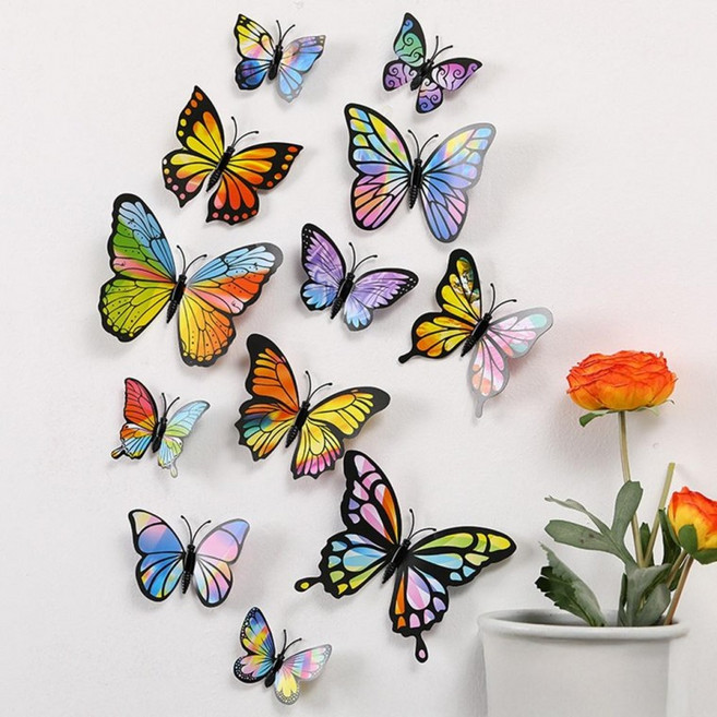 미즈코스 12p 자석부착 입체 나비 포인트 스티커 3d 벽지 데코 아이방 벽장식, 컬러풀