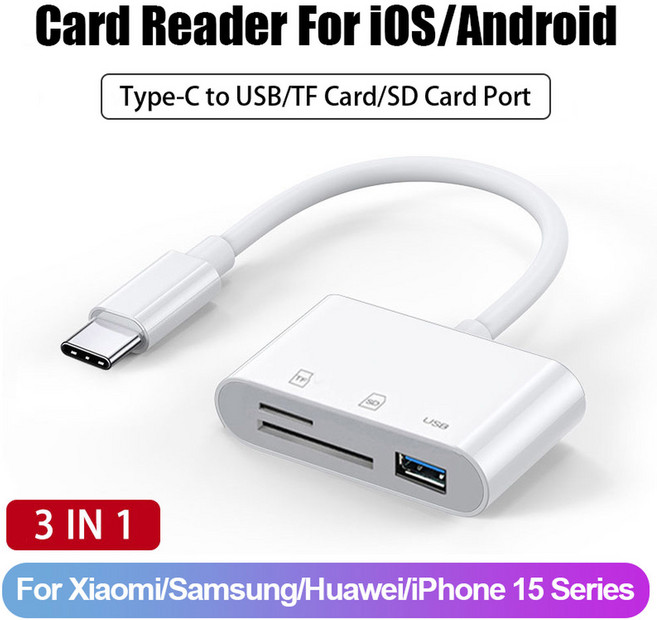 in SD 카드 리더 USB 허브 for 아이폰 호환 아이패드 맥북제품 라이트닝 C타입 to TF 메모리 플래시 드라이브 OTG 어댑터, 3 IN 1 TypeC, 1개