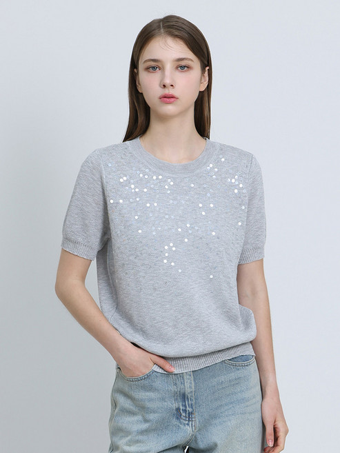 크레송 크레송(CRESSON) 스팽글 포인트 니트 반팔 티셔츠 (택가격: 128000원)