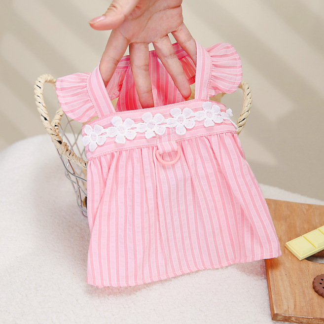 봄 여름 가을 강아지 옷 플라워 레이스 프릴 경량 꽃장식 스트라이프 플레어 하네스 일체형 원피스 애견의류, 1개, 핑크