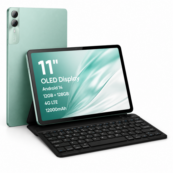 11인치 OLED 태블릿PC 4G LTE 안드로이드14 12GB+128GB 1TB 확장 인강용 업무용 가성비 키보드 세트, 세이지 그린, 128GB, Wi-Fi+Cellular